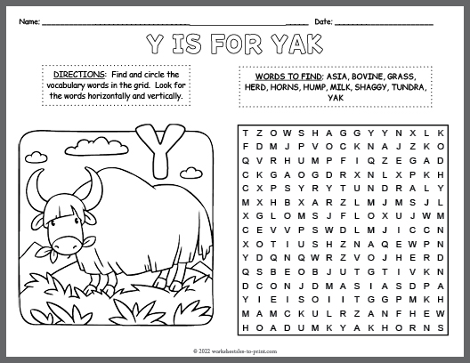 Free Yak Word Search & Coloring Page