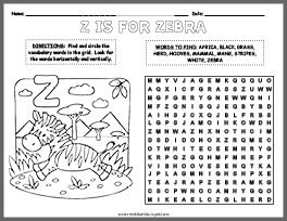 Zebra Word Search & Coloring Page thumbnail