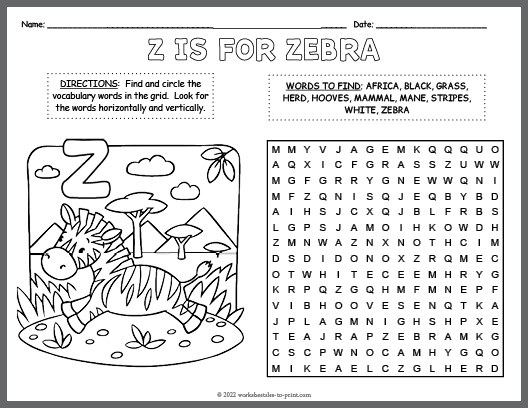 Free Zebra Word Search & Coloring Page